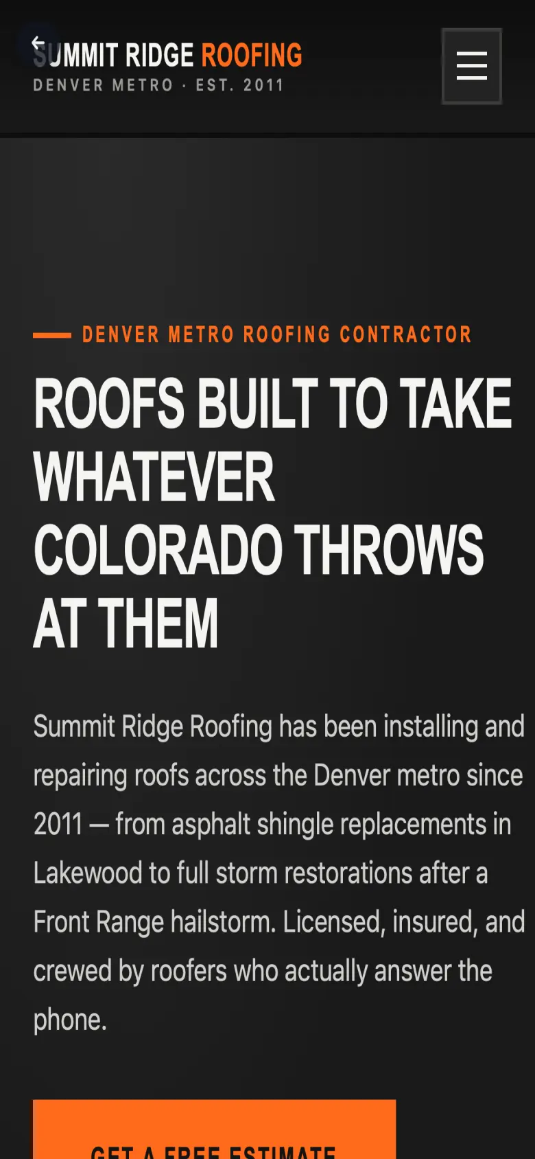 A live roofing website shown on a phone